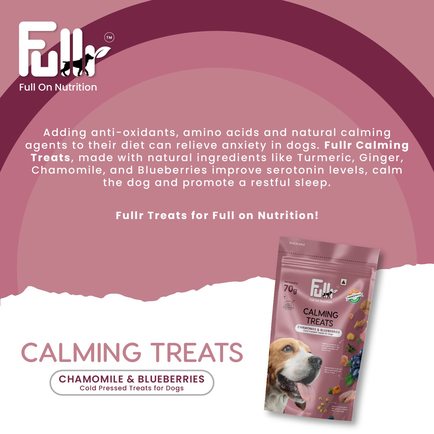 Information about ingredients in Fullr calming treats for dogs that promote anxiety relief.