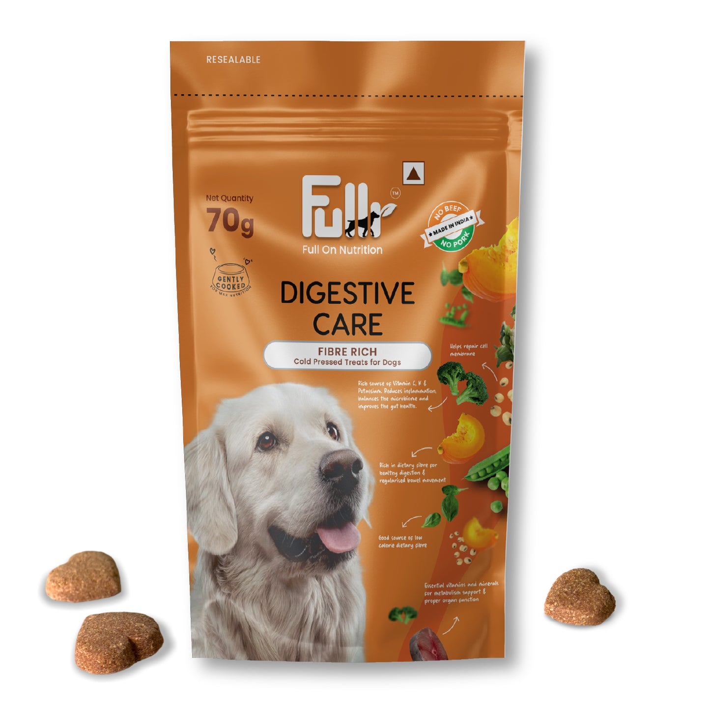 "Packshot of Fullr Digestive Care Treats rich in fibre for Dogs. Cold pressed Fullr treats for dogs for Full On Nutrition"