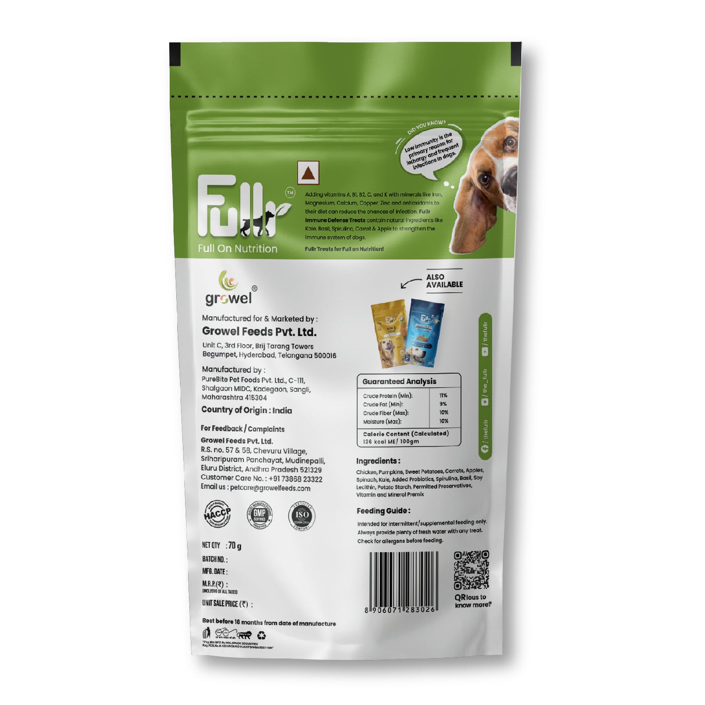 Packshot of Fullr Immune Defense treats for dogs showing manufacturing details, feeding guide, ingredients and nutrition analysis. Nutritional Analysis: Crude Protein (Min): 11% Crude Fat (Min): 9% Crude Fiber (Max): 10% Moisture (Max): 10% Calorie content (Calculated): 136 kcal ME/ 100gm