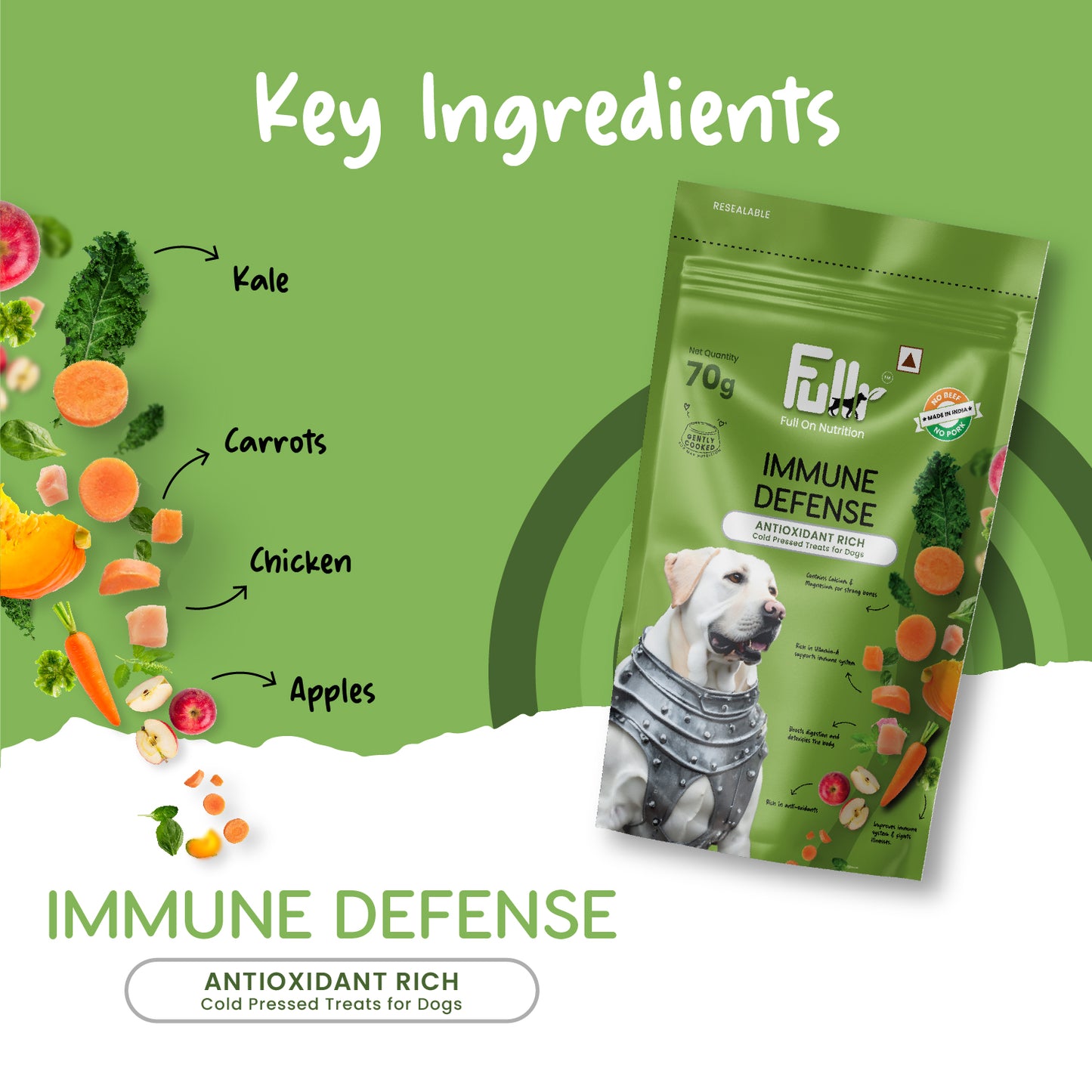 "Key ingredients of Fullr Immune Defense treats - Kale, Carrots, Chicken, Apples."