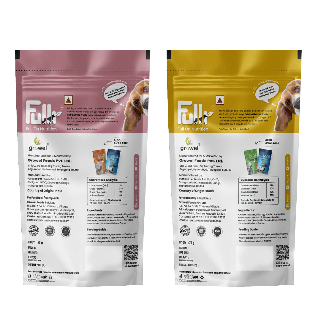 Fullr Healthy Dog Treats Pack of 2, Skin and Coat + Calming Treats, Dog Biscuits for All Breeds