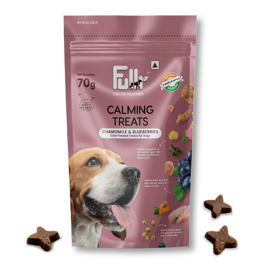 Packshot of Fullr Calming Treats for Dogs made with Chamomile & Blueberries.   Cold pressed Fullr treats for dogs for Full On Nutrition. 