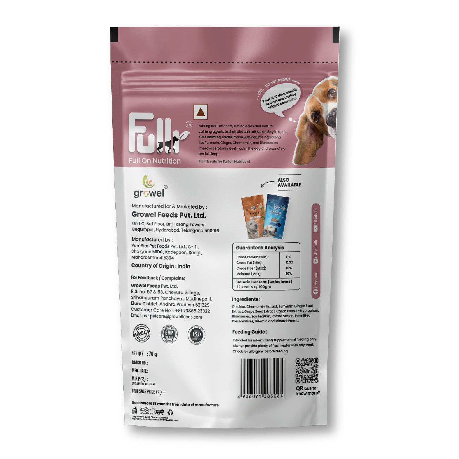 Packshot of Fullr Calming treats for dogs showing manufacturing details, feeding guide, ingredients and nutrition analysis.    Nutrition Analysis:  Crude Protein (Min): 11% Crude Fat (Min): 0.3% Crude Fiber (Max): 10% Moisture (Max): 10%  Calorie content calculated: 72 kcal ME/100 gm.
