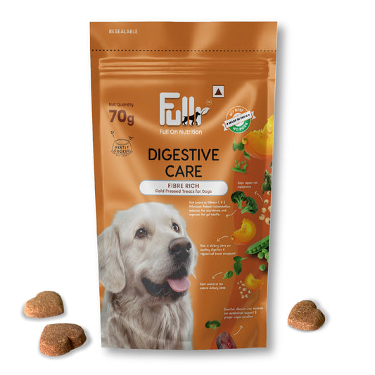 "Packshot of Fullr Digestive Care Treats rich in fibre for Dogs.   Cold pressed Fullr treats for dogs for Full On Nutrition"