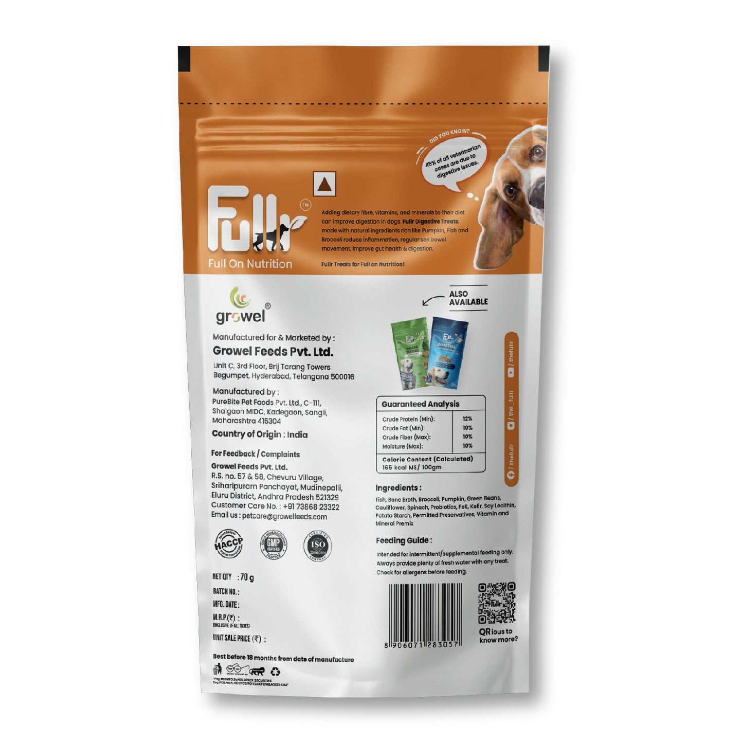 Packshot of Fullr Digestive Care treats for dogs showing manufacturing details, feeding guide, ingredients and nutrition analysis.    "Nutritional Analysis:   Crude Protein (Min): 11% Crude Fat (Min): 0.3% Crude Fiber (Max): 10% Moisture (Max): 10% Calorie content caluculated: 165 kcal ME/100 gm."