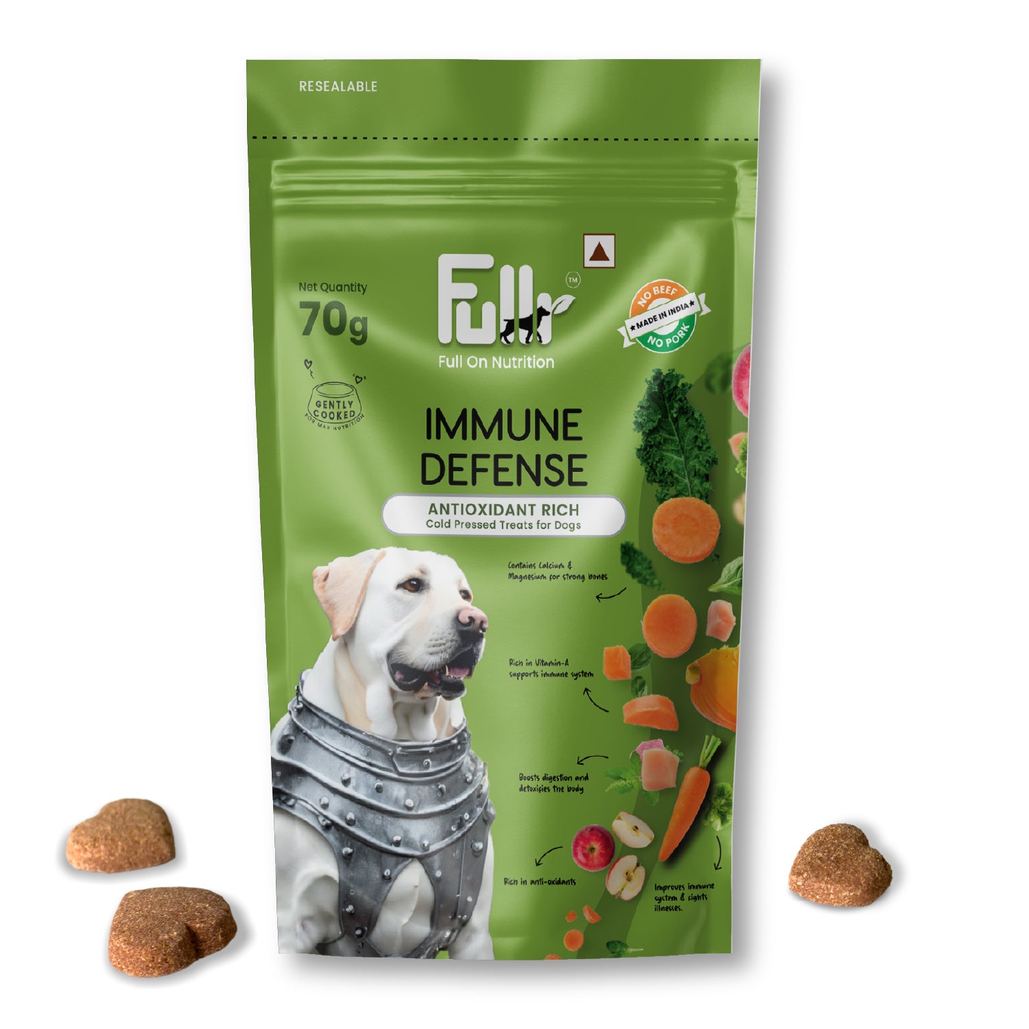 Packshot of Fullr Immune Defense Healthy Treats rich in anti-oxidants for Dogs.   Cold pressed Fullr treats for dogs for Full On Nutrition.