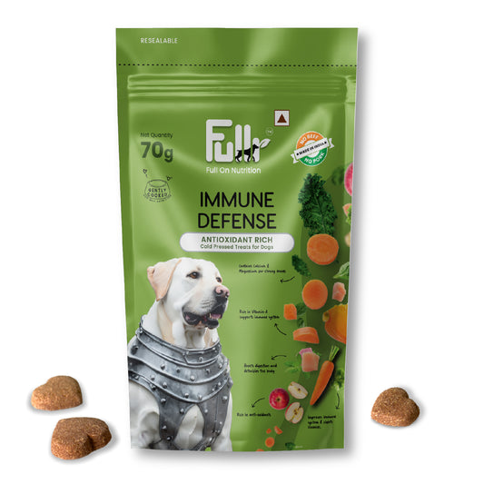 Packshot of Fullr Immune Defense Healthy Treats rich in anti-oxidants for Dogs.   Cold pressed Fullr treats for dogs for Full On Nutrition.