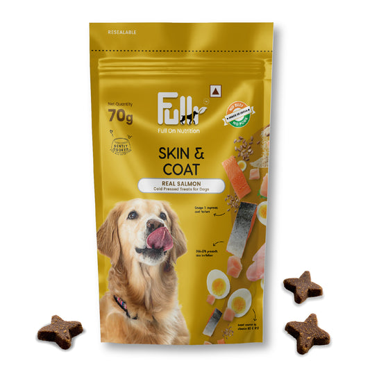 Packshot of Fullr Skin & Coat healthy Treats for Dogs made with Real Salmon.   Cold pressed Fullr treats for dogs for Full On Nutrition."  