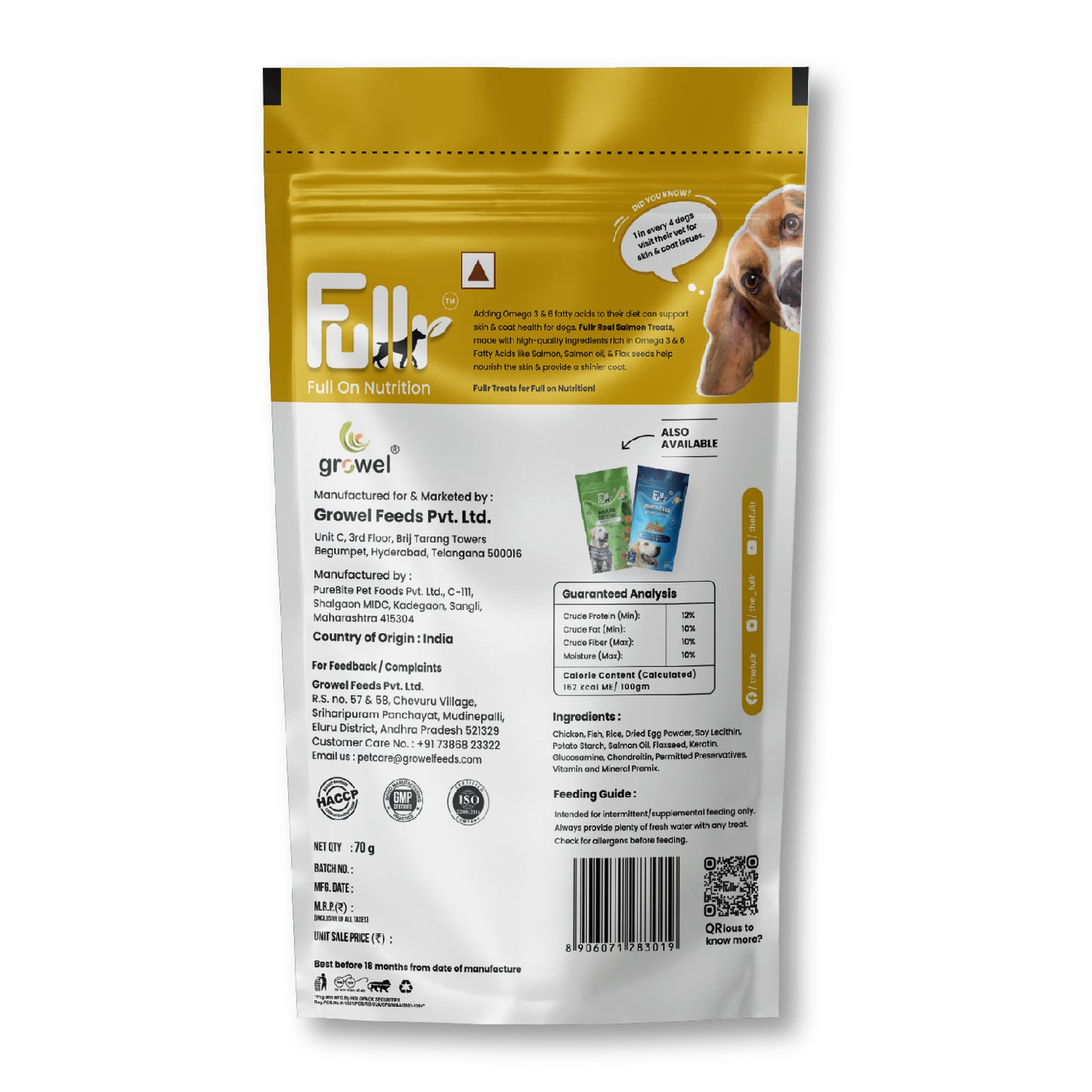 Packshot of Fullr Skin & Coat Treats for dogs showing manufacturing details, feeding guide, ingredients and nutrition analysis.    Nutritional Analysis:   Crude Protein (Min): 12% Crude Fat (Min): 10% Crude Fiber (Max): 10% Moisture (Max): 10% Calorie content (Calculated): 162 kcal ME/ 100gm.