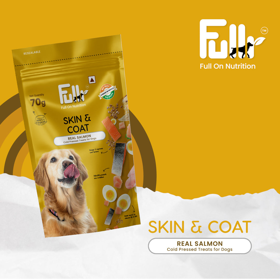 A video animation showing the Fullr Skin & Coat treats for dogs. 